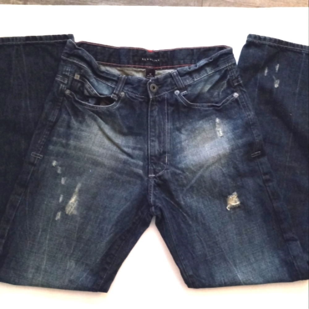 Sean John mens jeans size 30. Dark wash distressed bootcut 5 poc…